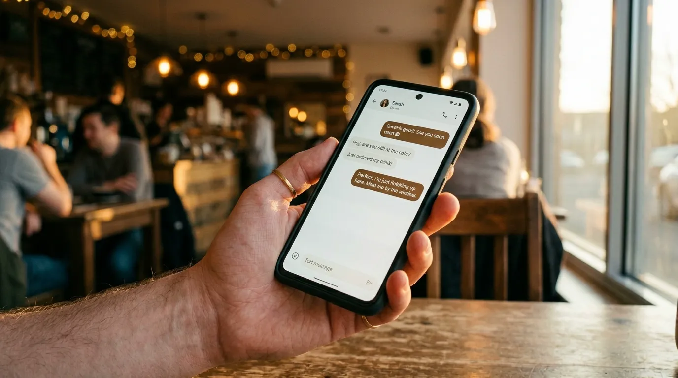 Hand holding a phone with a chat interface in a cozy cafe with warm bokeh lighting in the background