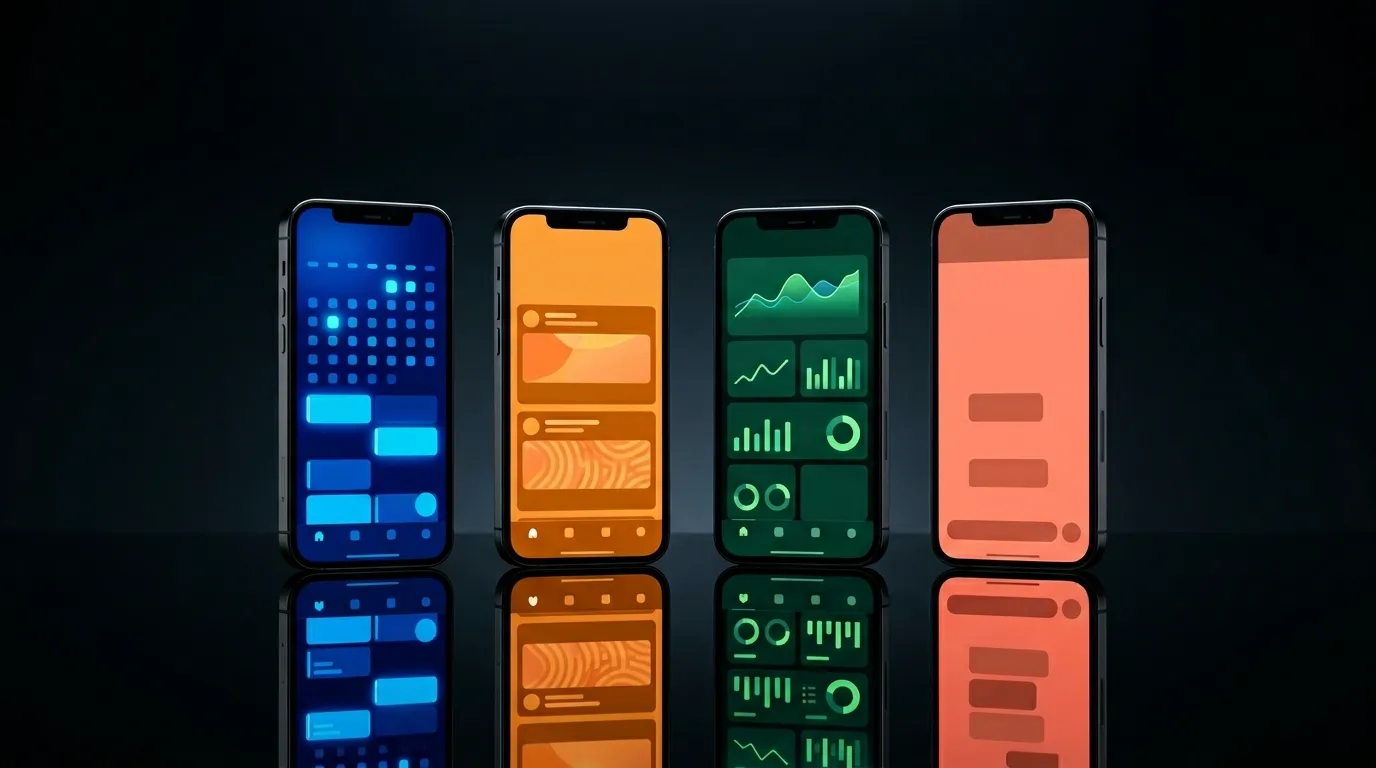 Four smartphones standing on a dark reflective surface showing different social media scheduling app interfaces