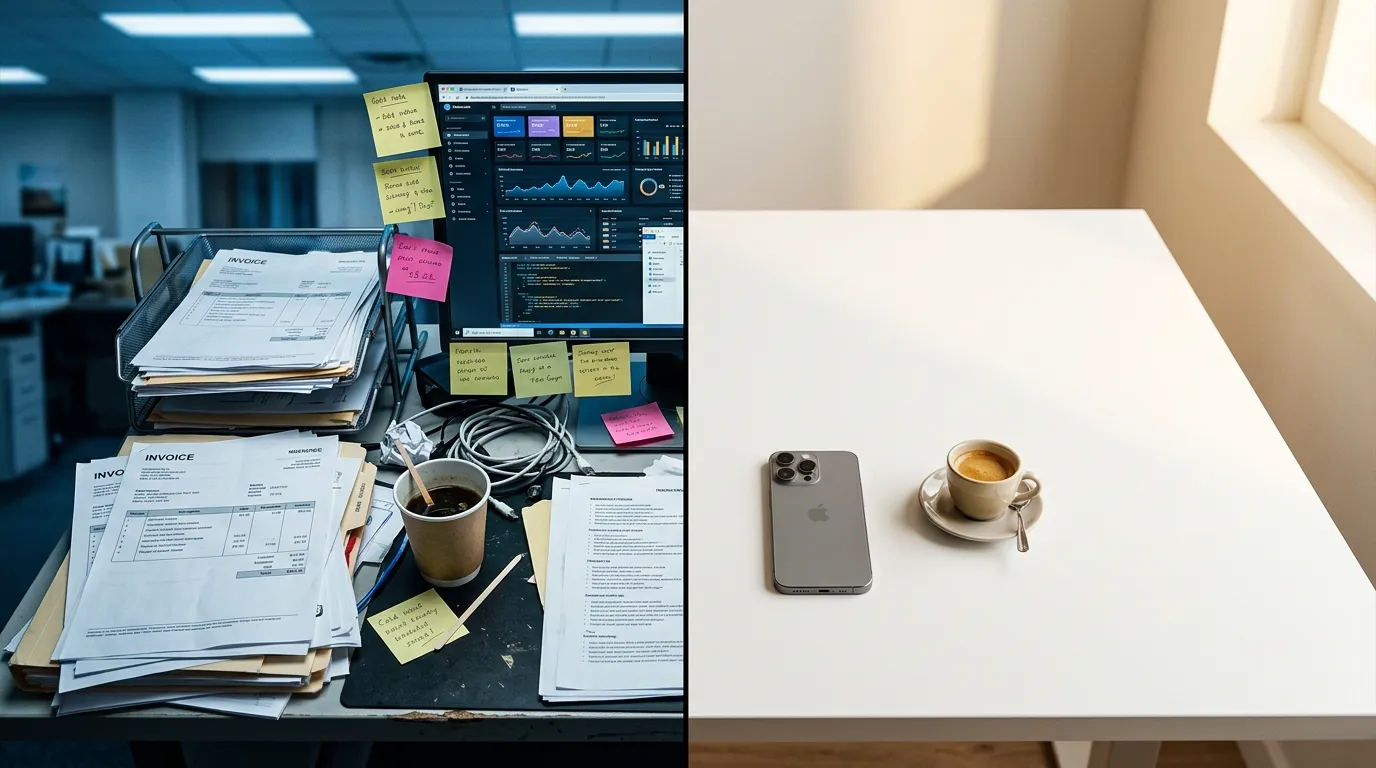 Split view of a cluttered agency desk with dashboards versus a clean minimal desk with just a phone and espresso