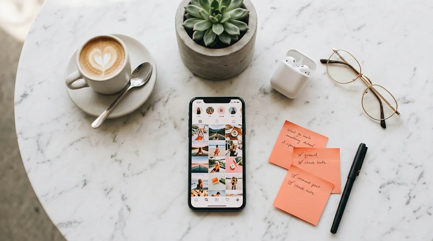Smartphone on marble desk showing social media feed surrounded by coffee cup and earbuds — flat-lay editorial photography