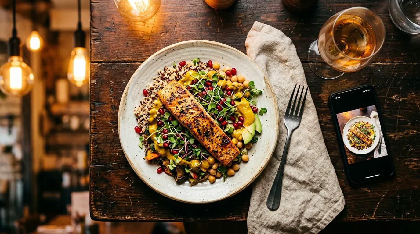 Overhead view of a beautifully plated restaurant dish next to a smartphone showing an Instagram food post