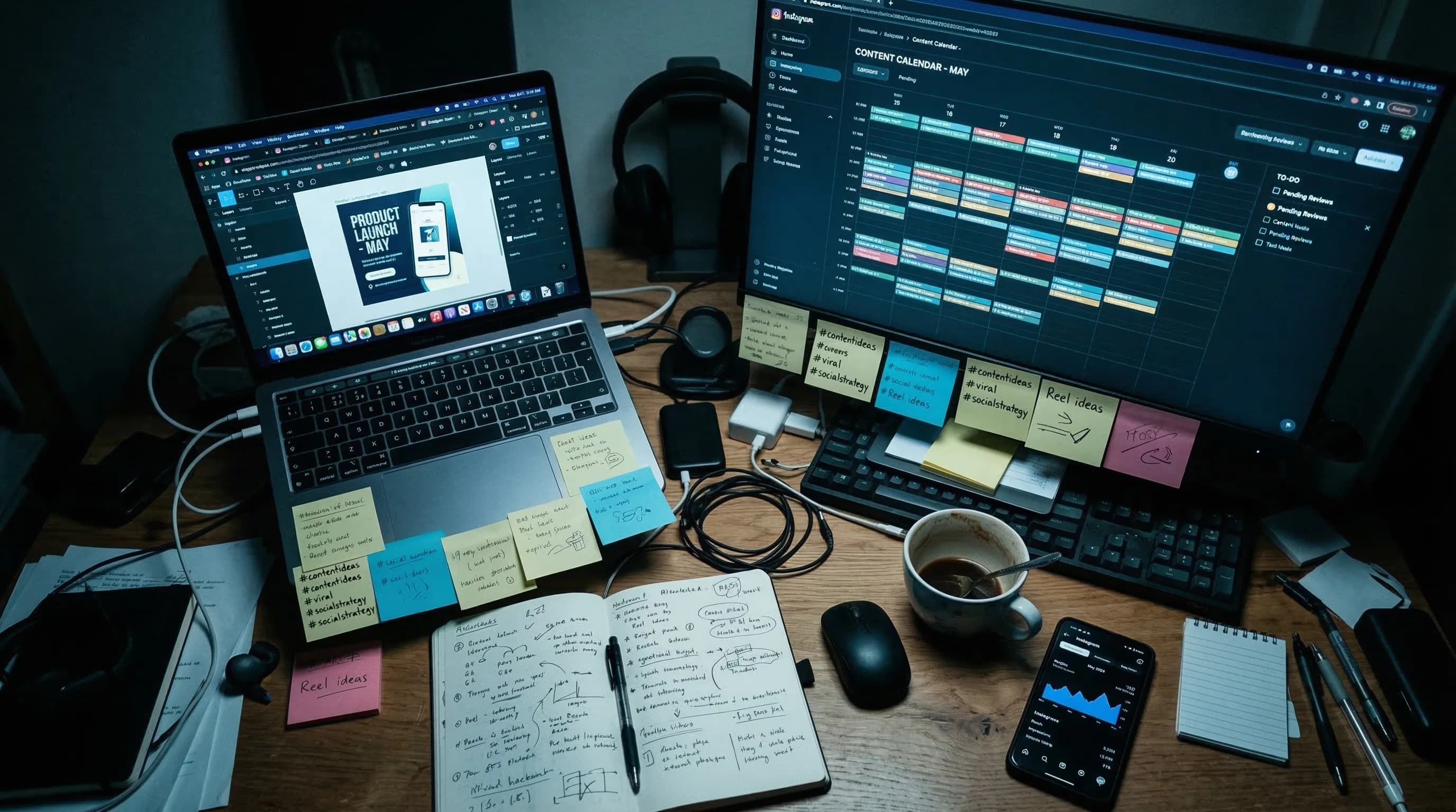 Cluttered desk with multiple screens, sticky notes, and design tools — the old way of managing social media