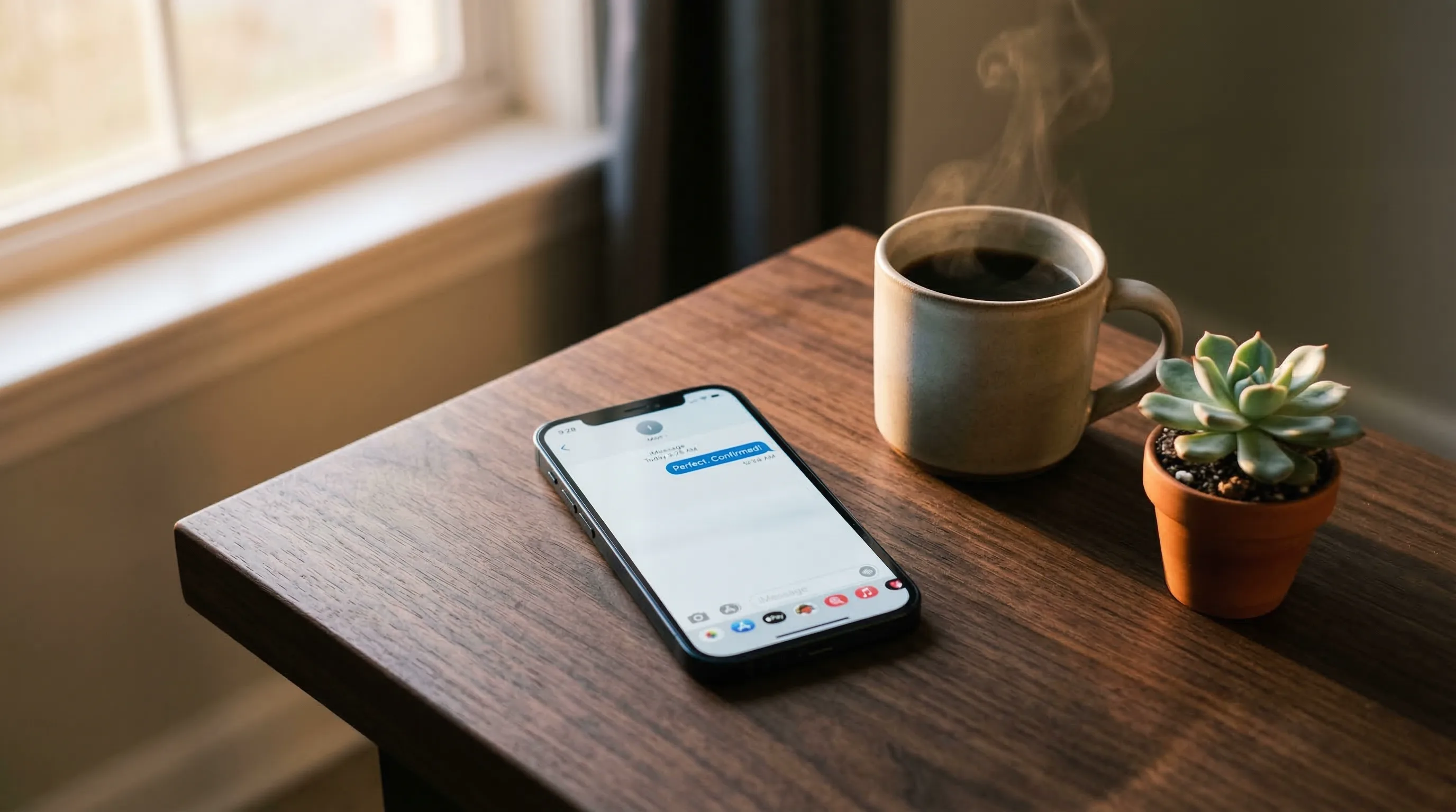 Clean desk with just a phone showing a single Telegram message and a cup of coffee — the Scribario way