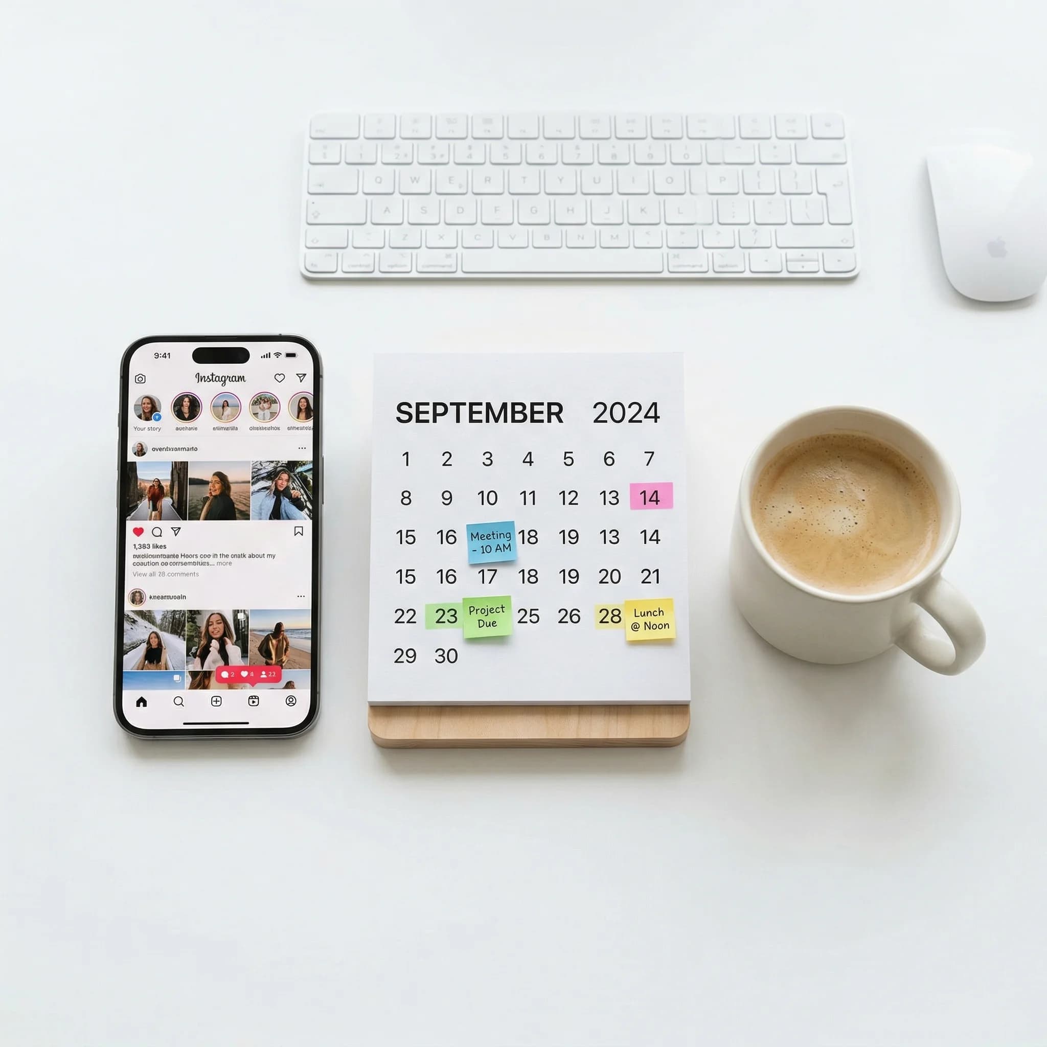 Clean desk workspace with phone showing social media feed next to a calendar with scheduled post dates — Scribario autopilot automated posting