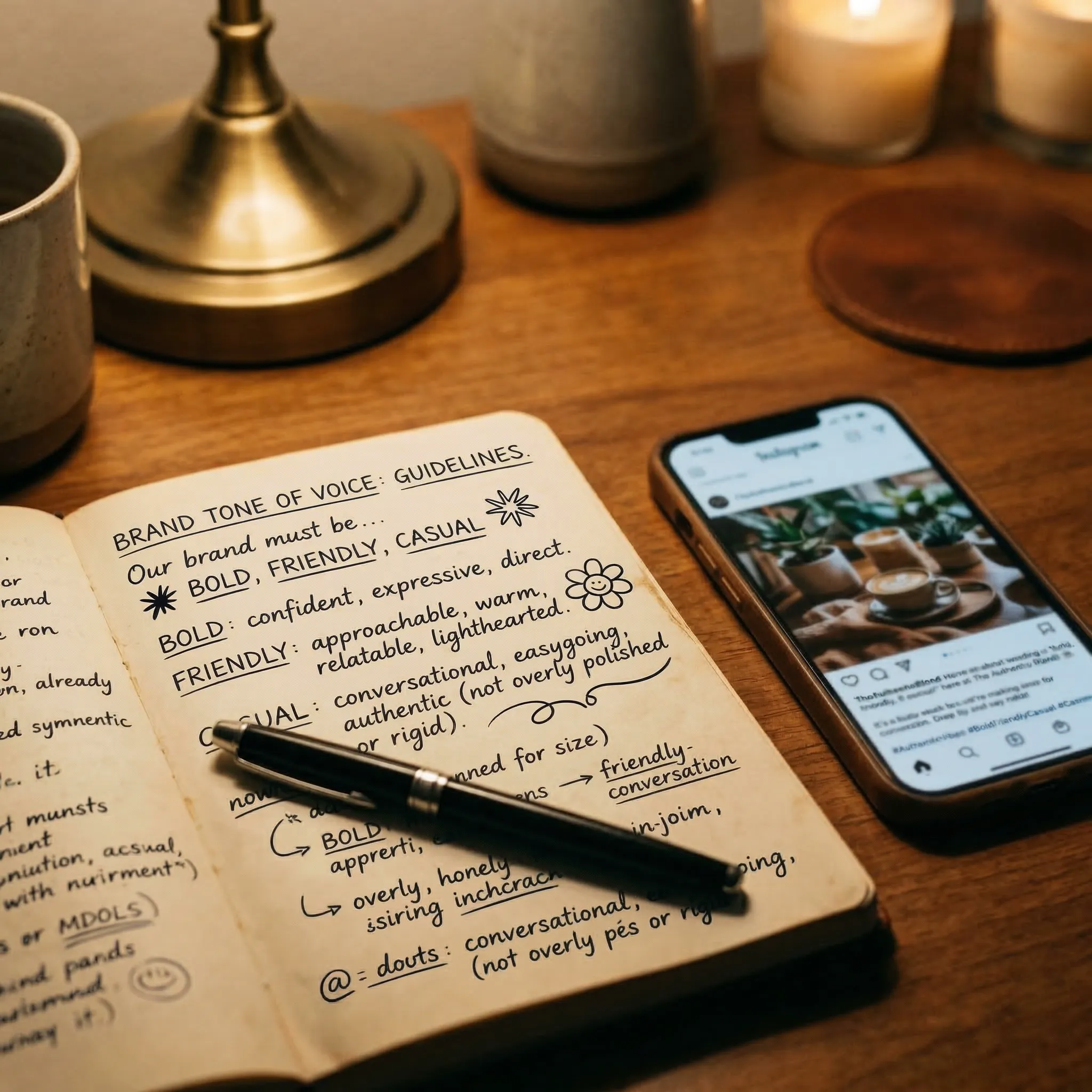 Handwritten brand tone of voice guidelines in a notebook next to a phone showing a matching social media post — Scribario learns your writing style