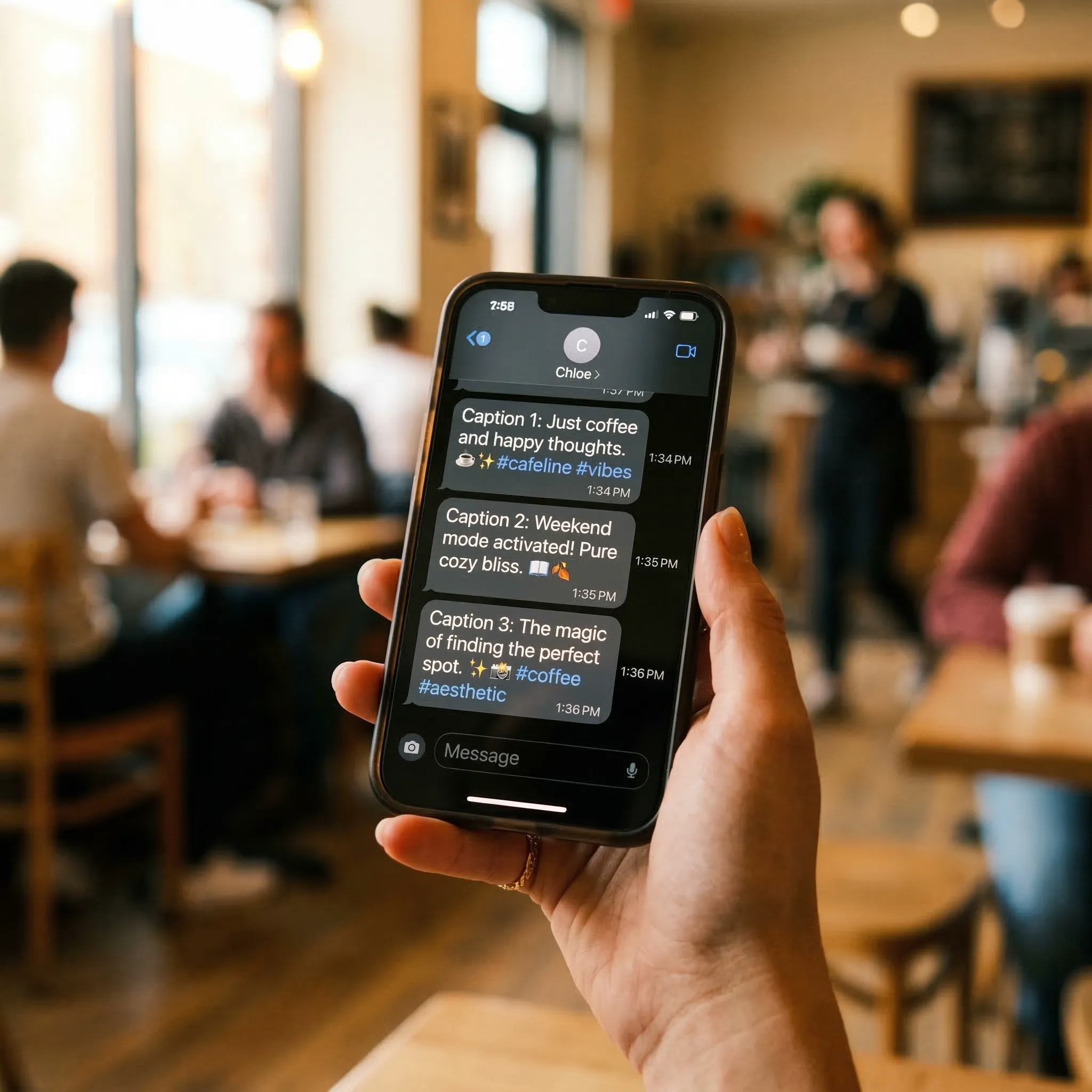 Phone screen showing three AI-generated social media caption options in a café — Scribario creates multiple captions for every post