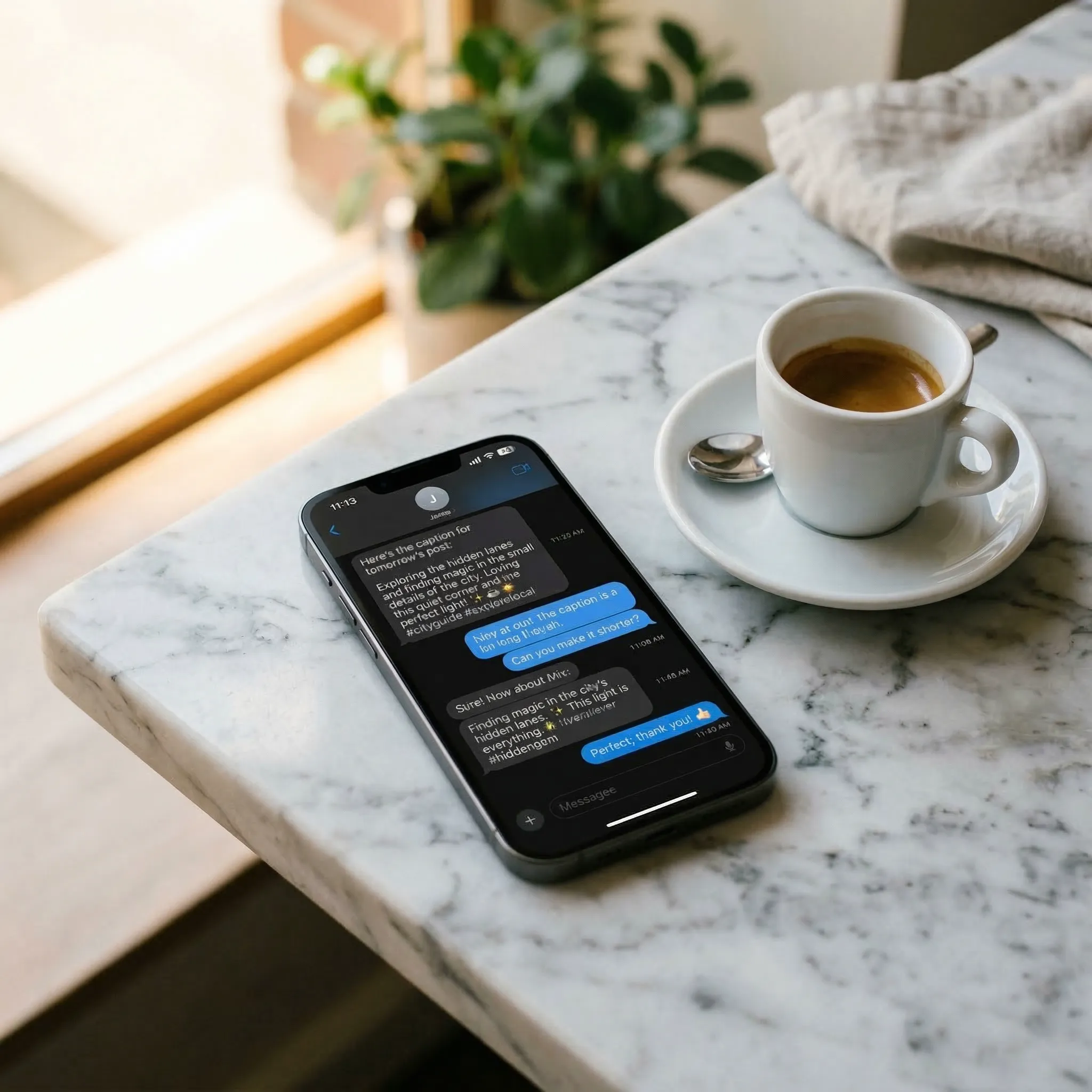 Phone chat showing natural language editing — user says make it shorter, AI revises the caption instantly while keeping brand voice