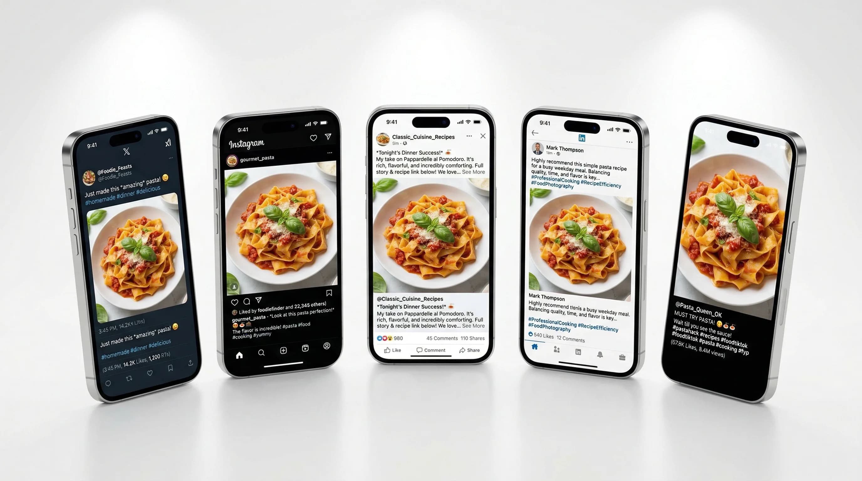 Five phones showing the same food post tailored for different social media platforms — X, Instagram, Facebook, LinkedIn — each with native formatting, length, and tone