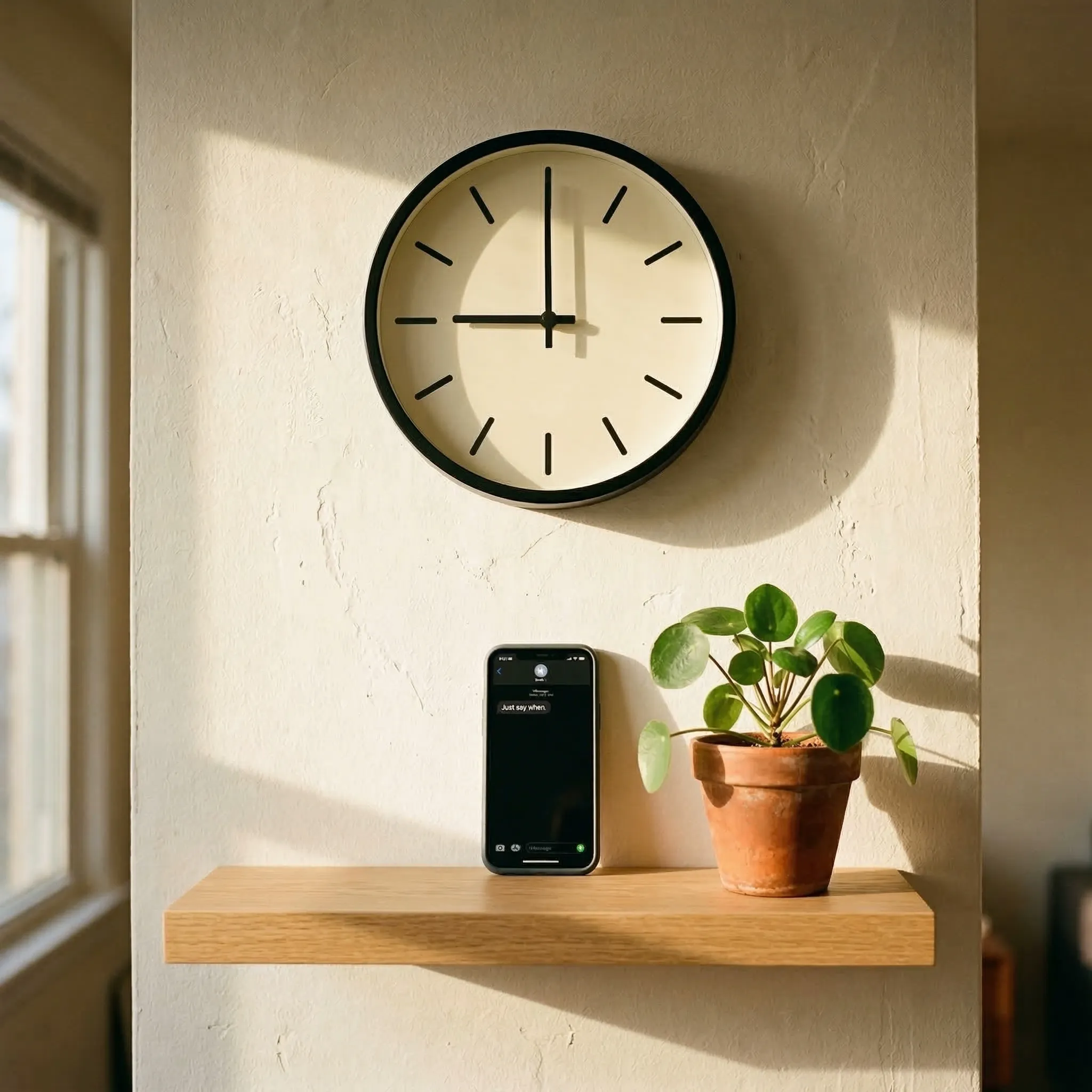Minimal wall clock showing 9 AM with a phone on a shelf displaying a scheduling message — Scribario natural language scheduling