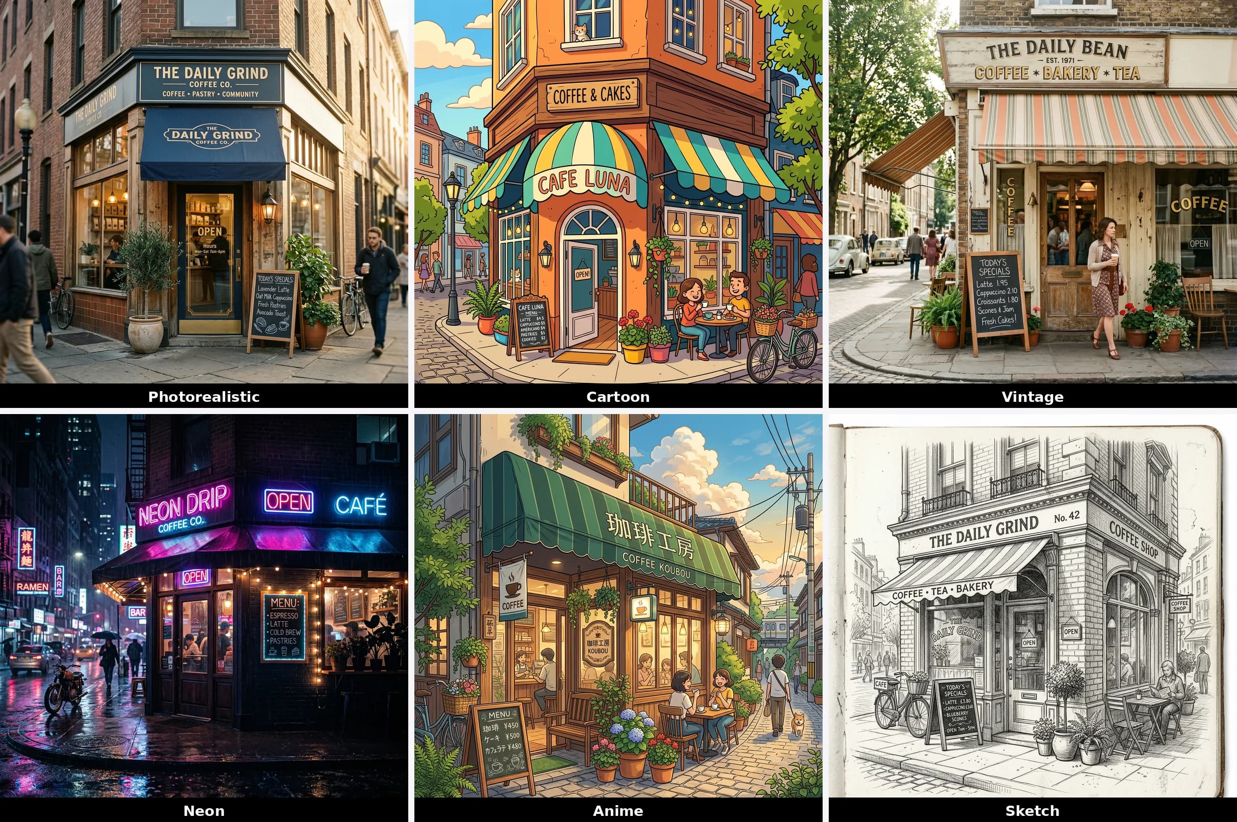 Six versions of a coffee shop in different AI art styles — photorealistic, cartoon, vintage, neon, anime, and sketch — showing Scribario's twelve image styles