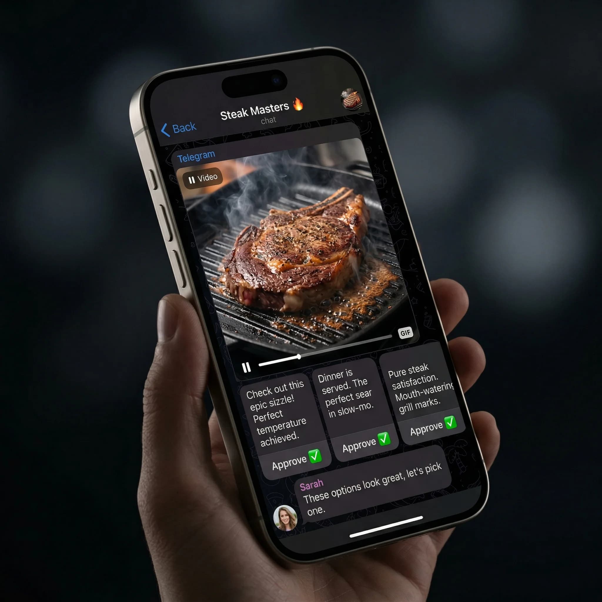 Phone showing video preview with sizzling steak and caption options