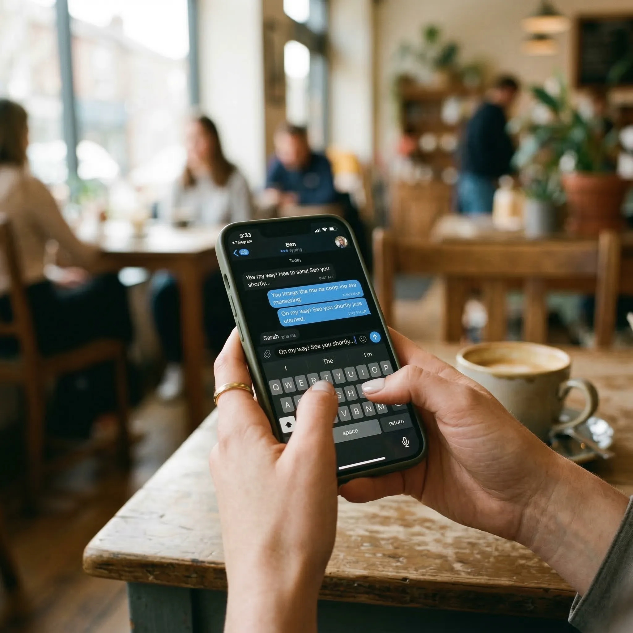 Hands holding a smartphone typing a Telegram message in a warm café — Scribario social media automation starts with a text