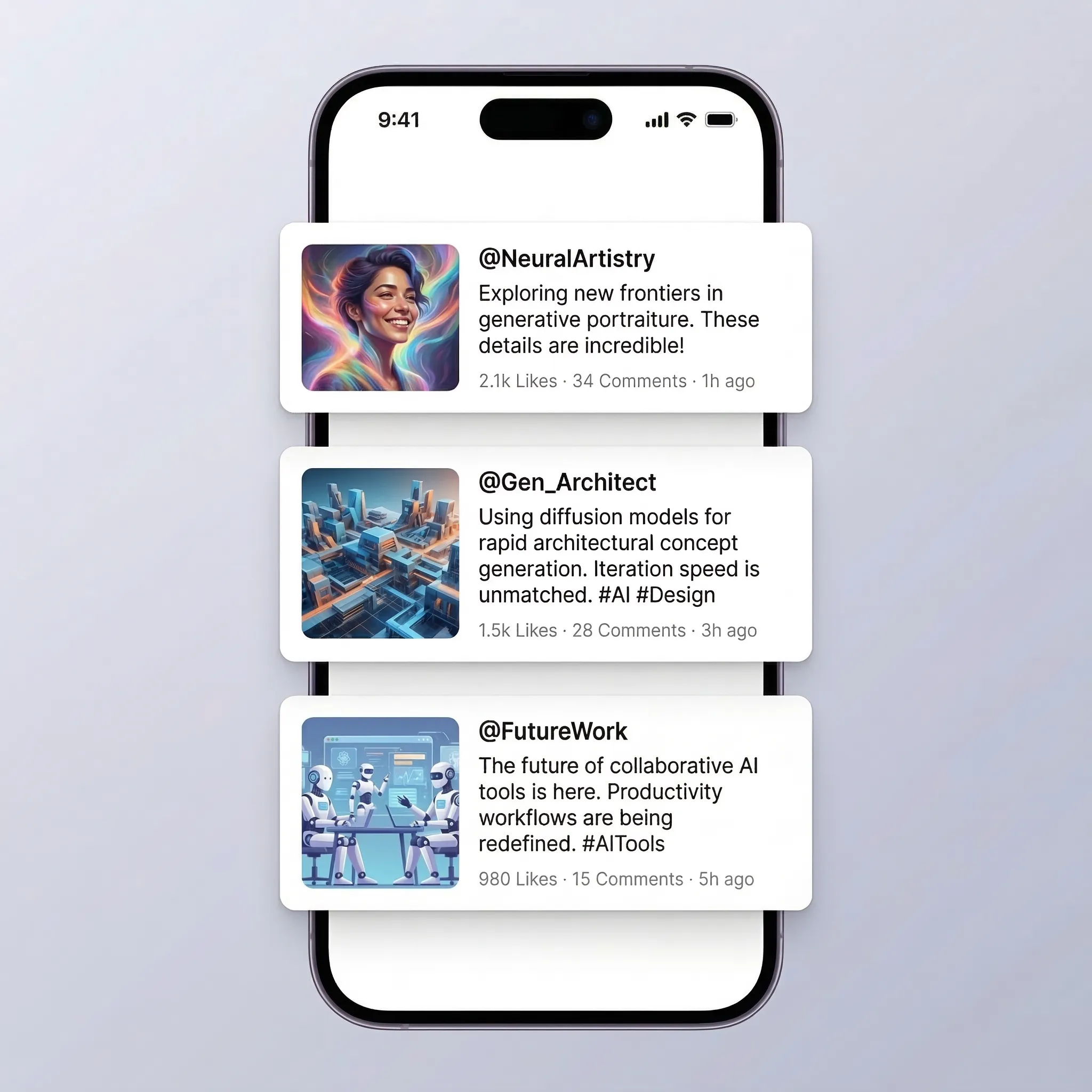 Phone screen showing three AI-generated social media post options with captions and images — Scribario creates multiple unique options
