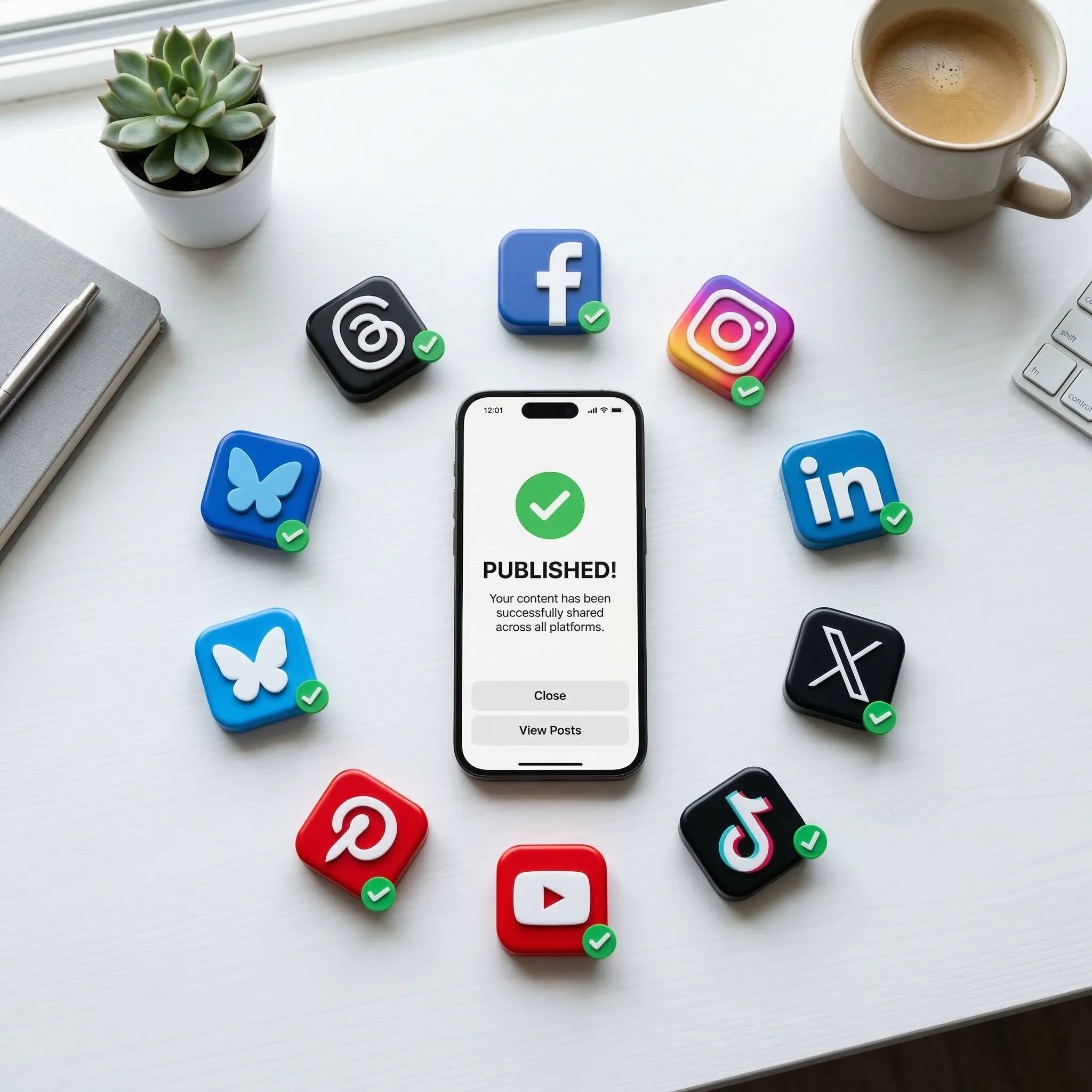 Phone on desk surrounded by nine social media platform icons with checkmarks — Scribario publishes to all platforms in one tap