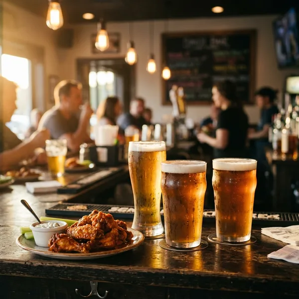 AI-generated social media post example: Happy Hour Promotions — created by Scribario from the prompt "Happy hour 4-7pm, all draft beers $5, wings half price"
