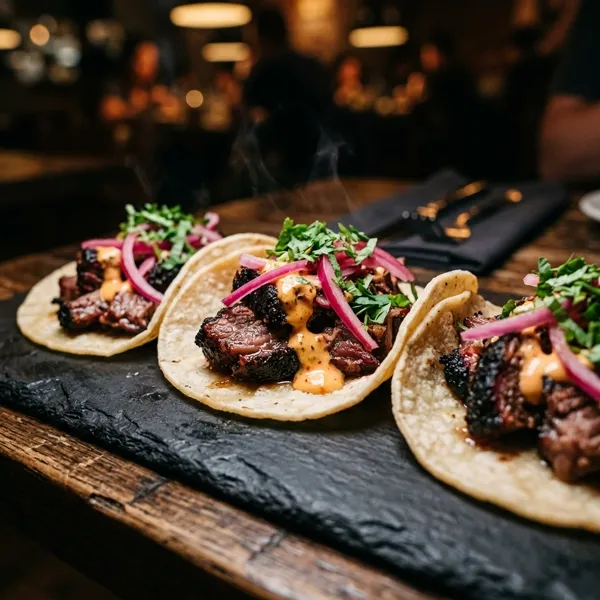AI-generated social media post example: New Menu Item Teasers — created by Scribario from the prompt "Teaser post: something new dropping Friday — smoked wagyu brisket tacos, limited run, follow us to find out when"