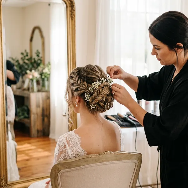AI-generated social media post example: Wedding & Event Packages — created by Scribario from the prompt "Promote our bridal package: trial session + wedding day styling for bride + 4 bridesmaids, $650, booking now for summer"