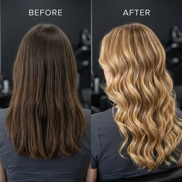 AI-generated social media post example: Transformation Posts — created by Scribario from the prompt "Post this before/after: balayage transformation, 3 hours, from dark brown to honey blonde"