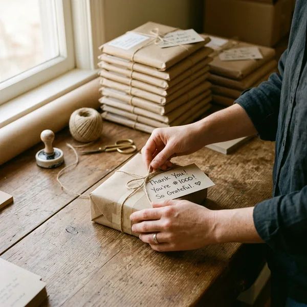 AI-generated social media post example: Customer Appreciation — created by Scribario from the prompt "We just hit 1,000 orders! Thank you to every customer who believed in us from day one"