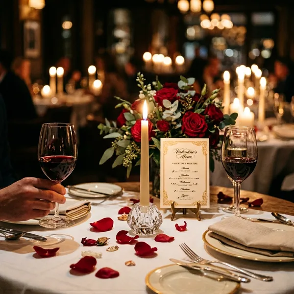 AI-generated social media post example: Event & Holiday Campaigns — created by Scribario from the prompt "Promote our Valentine's Day prix fixe menu, 4 courses, $85 per couple, book now"